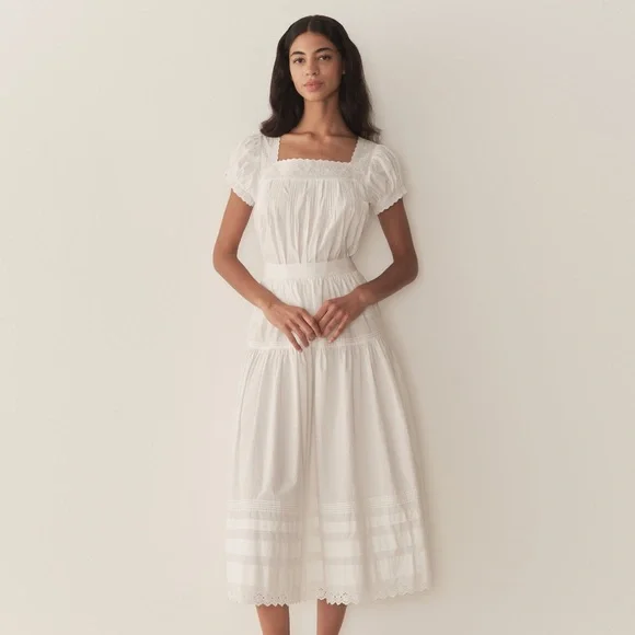 NWT Doen Francia Cotton Poplin Eyelet Pintuck Puff Sleeve Blouse Top Salt White - Picture 3 of 13